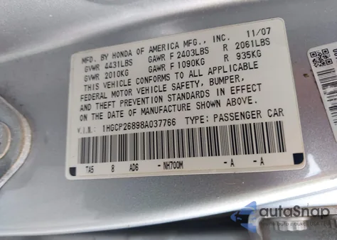 2008 Honda Accord 2.4 Ex-L from USA, damaged, VIN 1HGCP26898A037766